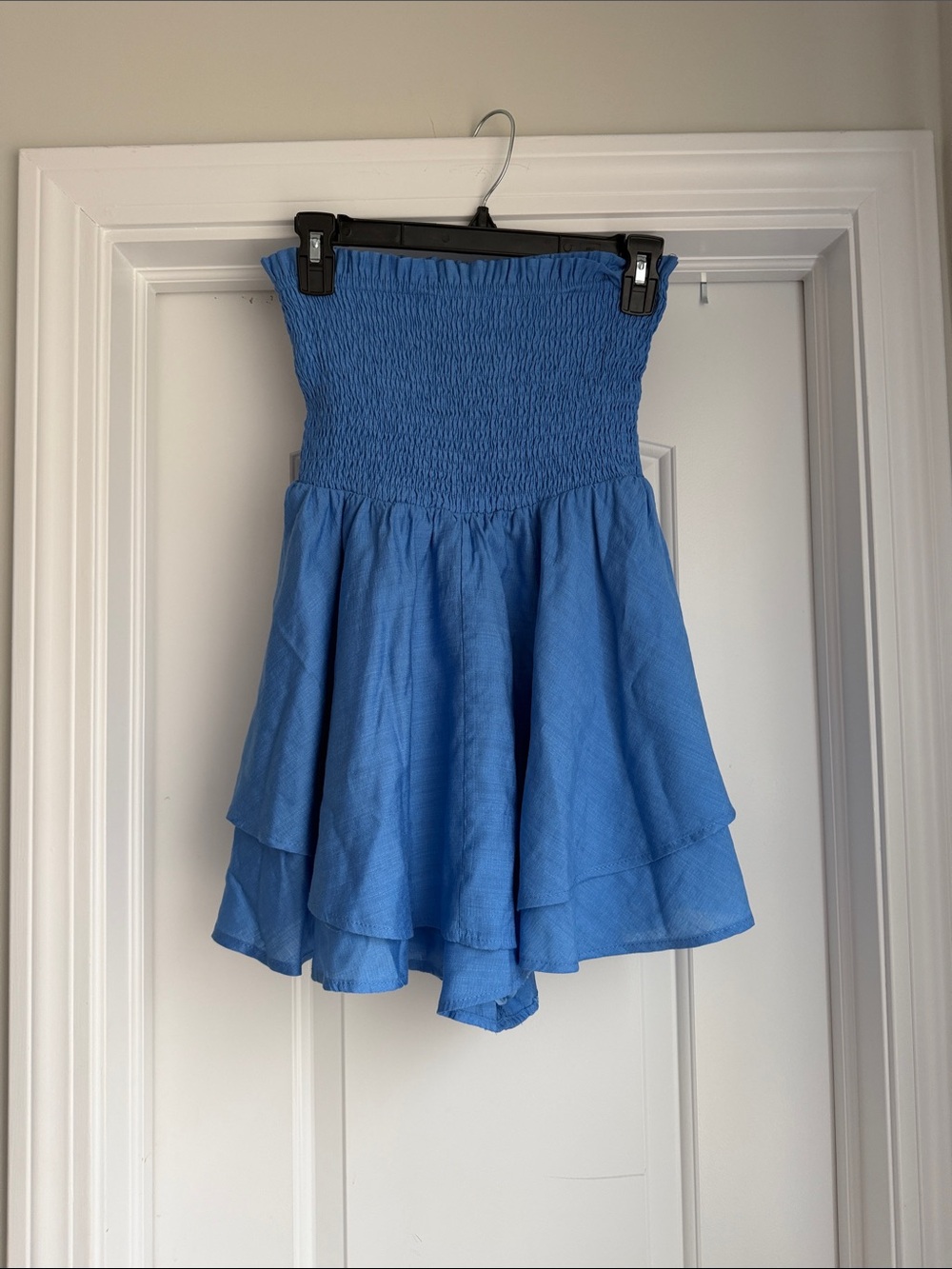 Blue Strapless Smocked Tiered Mini Dress